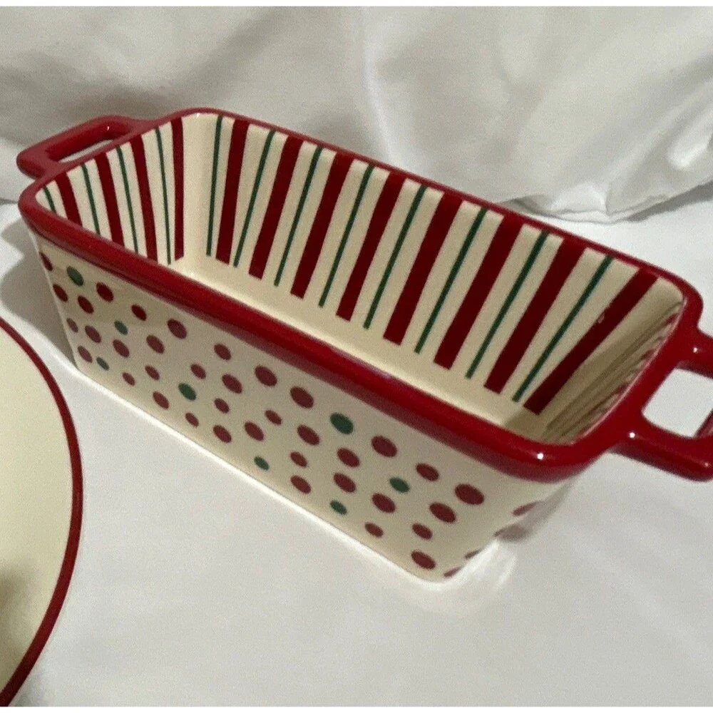 Holiday Home Plate with Reindeer Names and Holiday Times Mini Loaf Pan Red Green